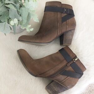 [Franco Sarto] Brown Leather Side Zip Heeled Ankle Boots